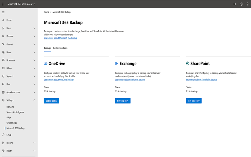 Microsoft 365 Backup Set up