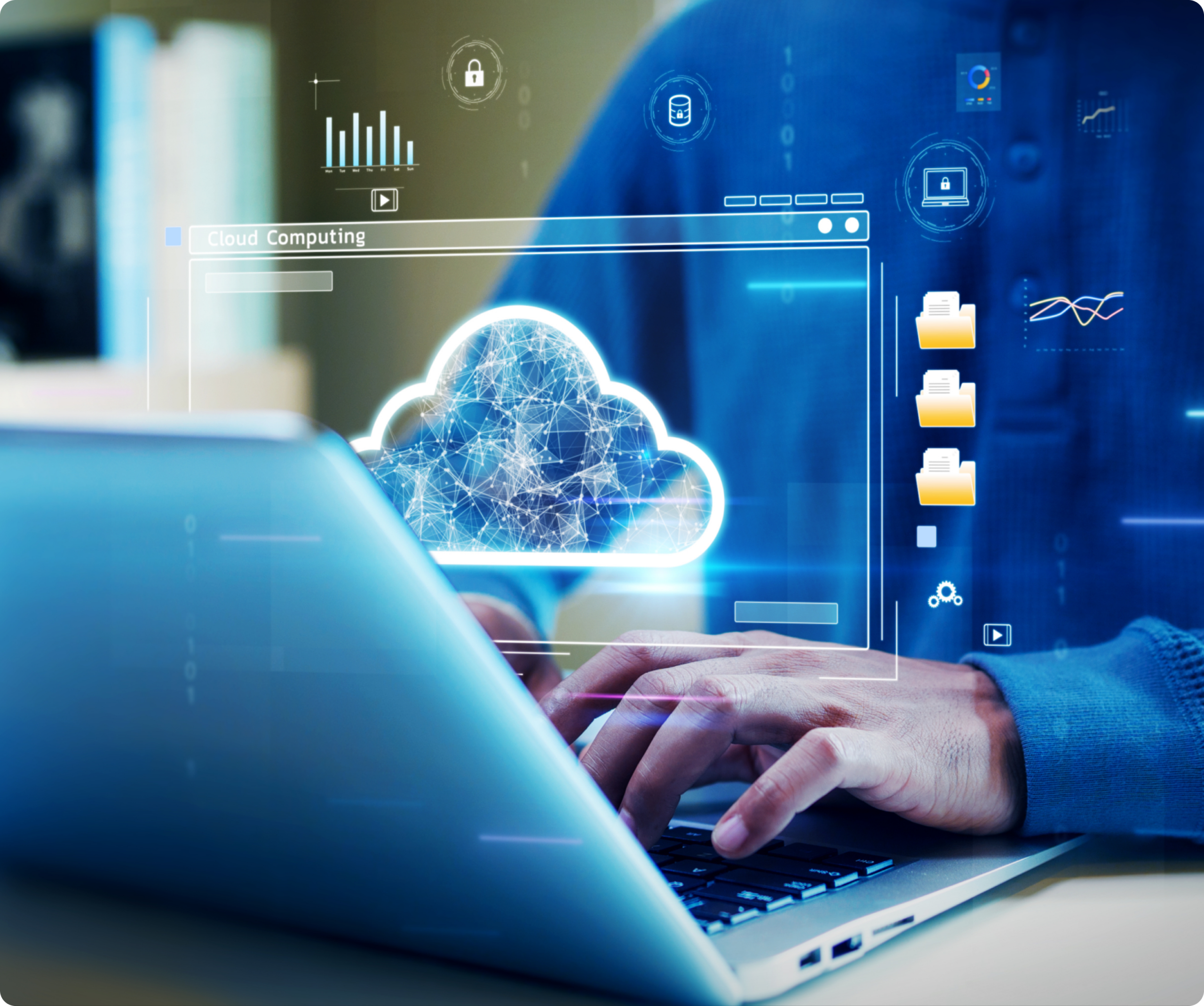 a worker at computer with cloud interface